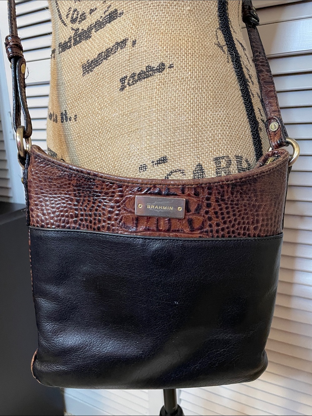 Brahmin Brown Croc-Embossed & Black Leather Cross Body Bag